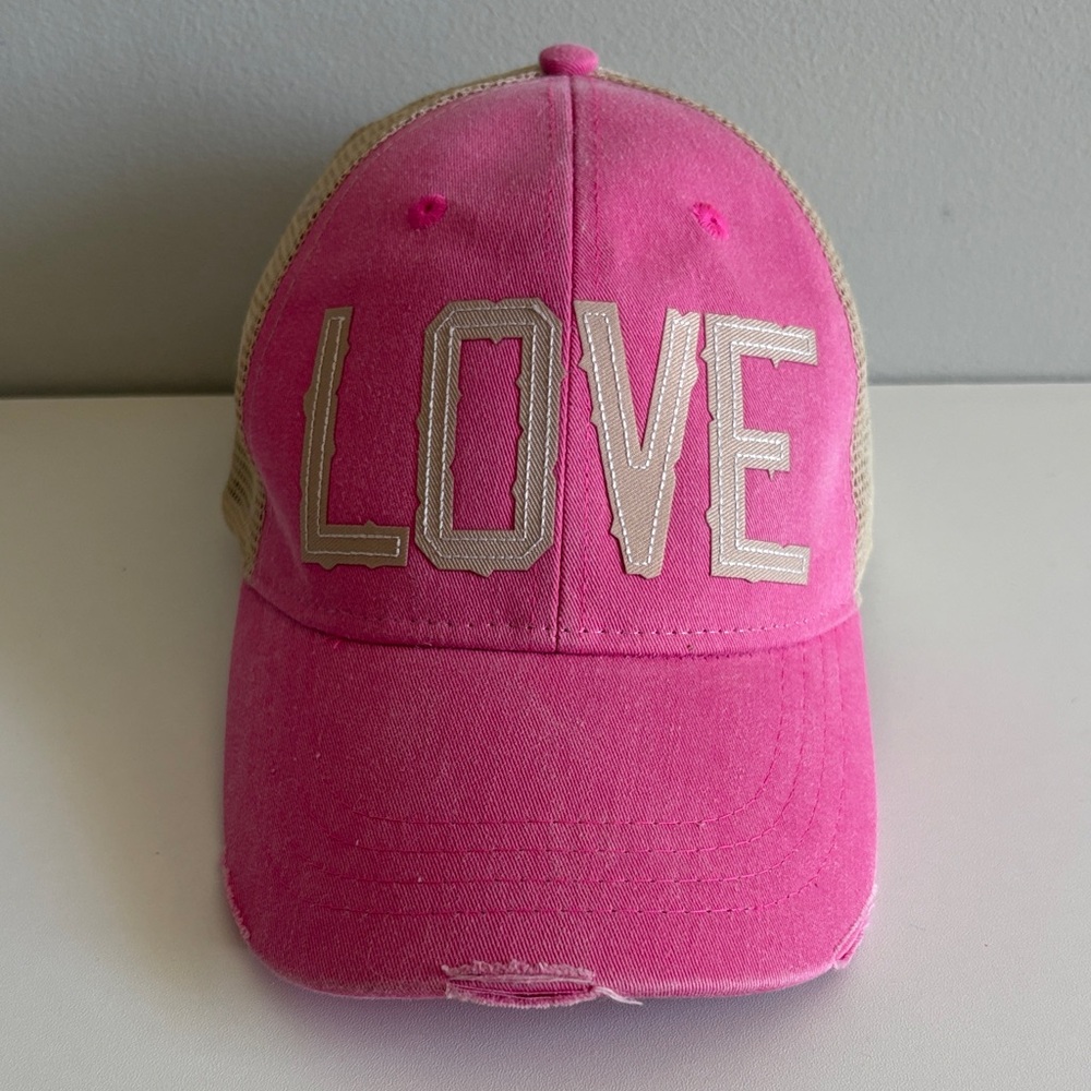 Adams Pink Trucker Hat LOVE Distressed Mesh Snapback Y2K Western